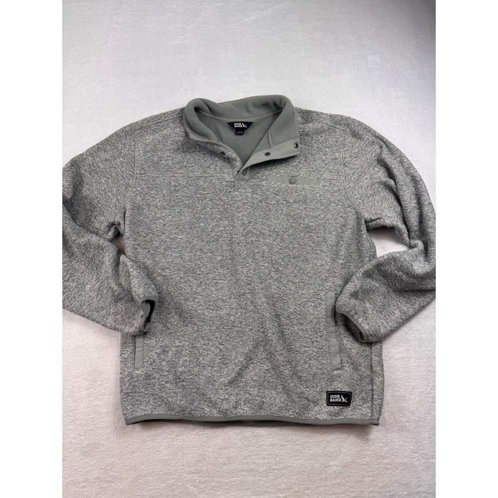 Eddie Bauer Mens Gray Heather Sweater Fleece Snap Mock Neck Pullover Large